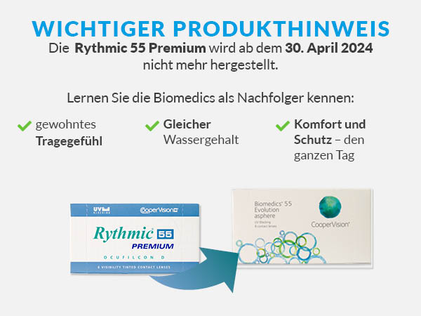 Die Rythmic Monatslinsen werden eingestellt. Der Hersteller empfiehlt den Wechsel auf die Biomedics.