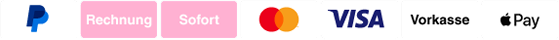 Alle Möglichkeiten zum bezahlen im Überblick: Paypal, Rechnung, Sofortüberweisung, Mastercard, Visa, Vorkasse und Applepay