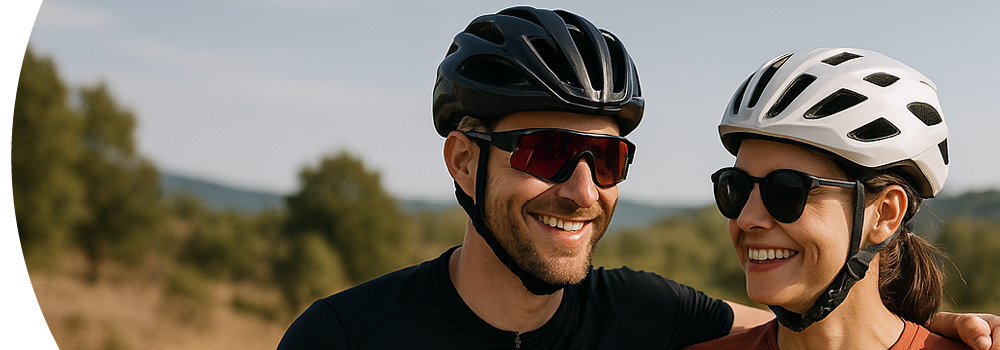 Mann und Frau stehen mit ihren Fahrrädern, Fahrradhelmen und Sportsonnenbrillen am Straßenrand und machen Pause. Dabei lächeln sie. 